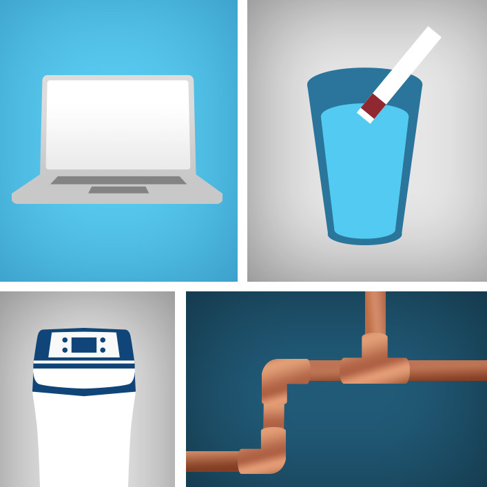 A diagram showing a computer, a glass of water, water softener and water pipes