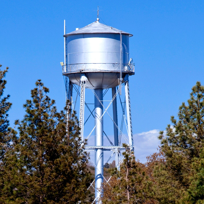 A metal water tower surrounded by pine trees